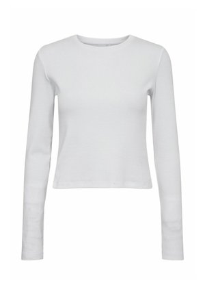 Top alb cu mânecă lungă, fabricat din material canalat, cu decolteu rotund și un design scurt, având cusături drepte și fără aplicații.