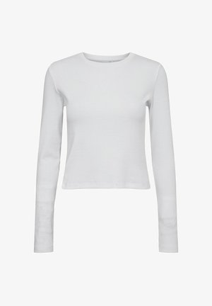 Garšas piedurkņu balta blūze no ribota materiāla, ar apaļu izgriezumu un īsu dizainu, taisnām šuvēm un bez rotājumiem.