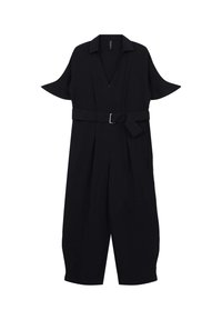 Tuta nera con maniche corte, colletto e una cintura in vita. Presenta un profondo scollo a V e gambe cropped morbide.