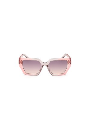 Ochelari de soare hexagonali cu rame roz clare și lentile cu gradient, având un design unghiular și o marcaj subtil pe lentilă.