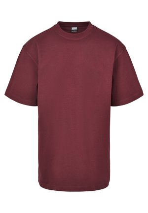 Burgundy cotton t-shirt with a round neckline, short sleeves, and a straight hem. Smooth texture, casual fit, no patterns or accents.