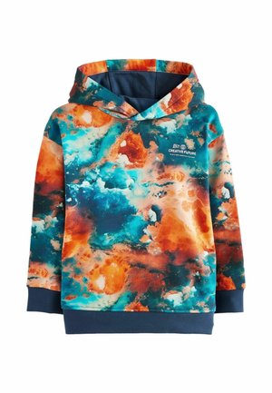 Kapuzenpullover mit einem lebhaften, abstrakten Muster in Orange, Blau und Creme. Hergestellt aus weichem Stoff mit gerippten Bündchen und Bund.