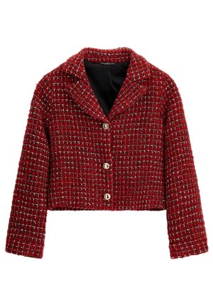 Veste en tweed à carreaux rouges et noirs avec trois boutons frontaux, manches longues, col cranté et doublure intérieure noire.