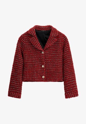 Czerwona i czarna kraciasta marynarka z tweedu z trzema przednimi guzikami, długimi rękawami, wyciętym kołnierzem i czarną podszewką wewnętrzną.