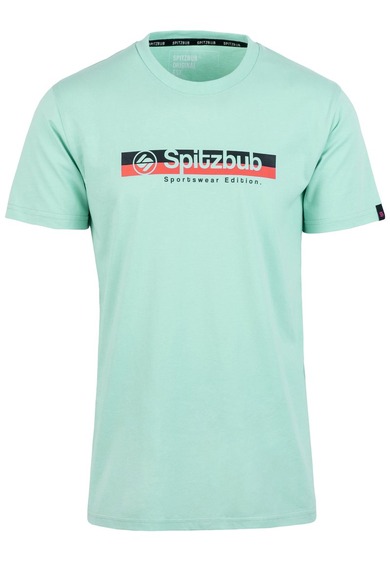 Mintgrünes T-Shirt aus Baumwolle mit einem schwarzen und roten horizontalen Streifen sowie dem Text "Spitzbub Sportswear Edition". Mit kurzen Ärmeln und Rundhalsausschnitt.
