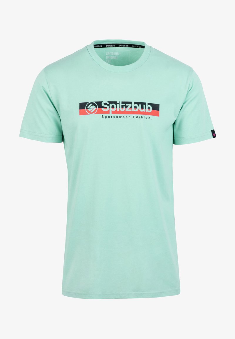 Mintgroene t-shirt gemaakt van katoen, met een zwarte en rode horizontale streep en de tekst "Spitzbub Sportswear Edition". Korte mouwen, ronde hals.
