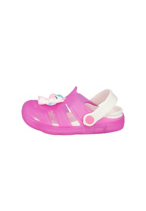 Sandalia translúcida rosa para niño con correa blanca ajustable y una decoración de unicornio en la parte superior.