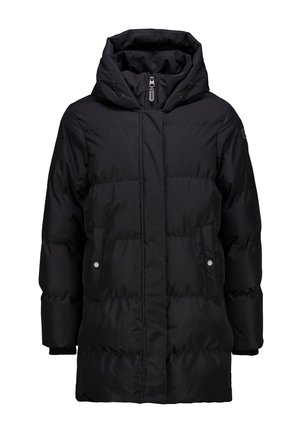 Chaqueta acolchada negra con capucha, que cuenta con un cierre frontal con cremallera, dos bolsillos laterales y una textura acolchada con costuras horizontales.