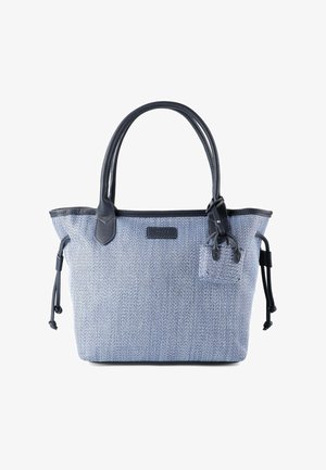 Sac cabas bleu texturé avec poignées noires, liens latéraux et une petite pochette assortie attachée à une poignée.