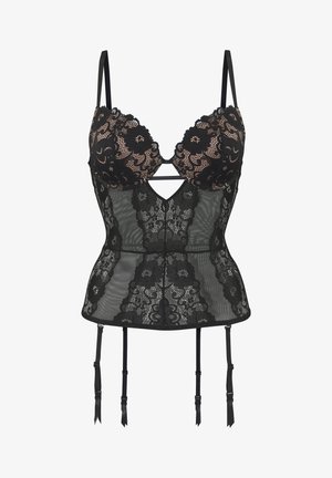 Black lace bodysuit with padded cups, floral pattern, sheer mesh panel, keyhole detail, adjustable straps, and garter clips.