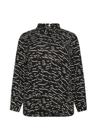 Blouse noire à manches longues avec un tissu texturé, présentant un motif beige en ondulations, un col haut et une coupe ample.