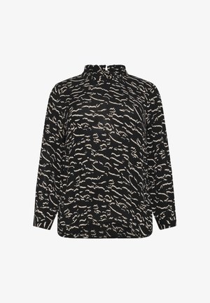 Blusa nera a maniche lunghe in tessuto strutturato, con un motivo ondulato beige, un collo alto e una vestibilità ampia.