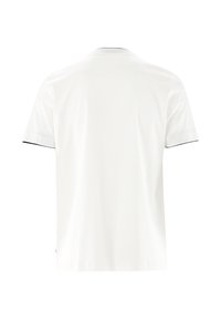 Weißes T-Shirt mit kurzen Ärmeln, rundem Kragen und schwarzem Besatz an den Ärmeln. Glatter Stoff, lässiges Design, keine sichtbaren Muster.