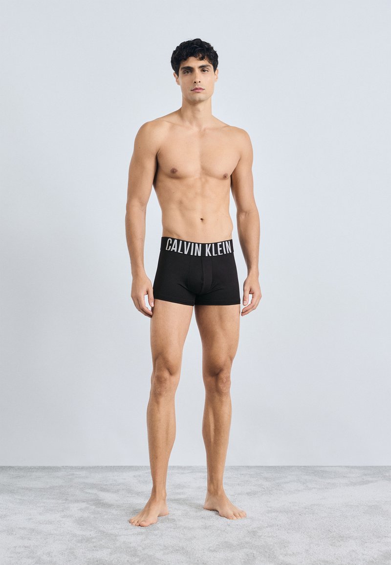 Crne pamučne bokserice s širokim elastičnim pojasom na kojem je istaknut logo "CALVIN KLEIN". Model stoji bos na svijetlosivoj tepisonu.