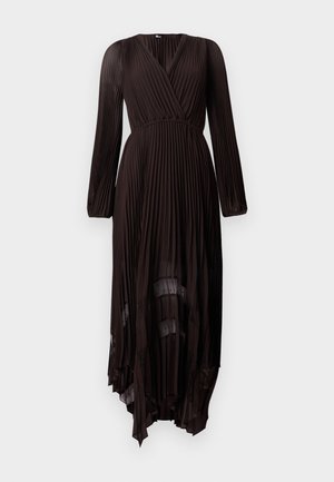Robe midi à manches longues, plissée, de couleur marron foncé, avec col en V, devant portefeuille, taille cintrée et ourlet asymétrique.