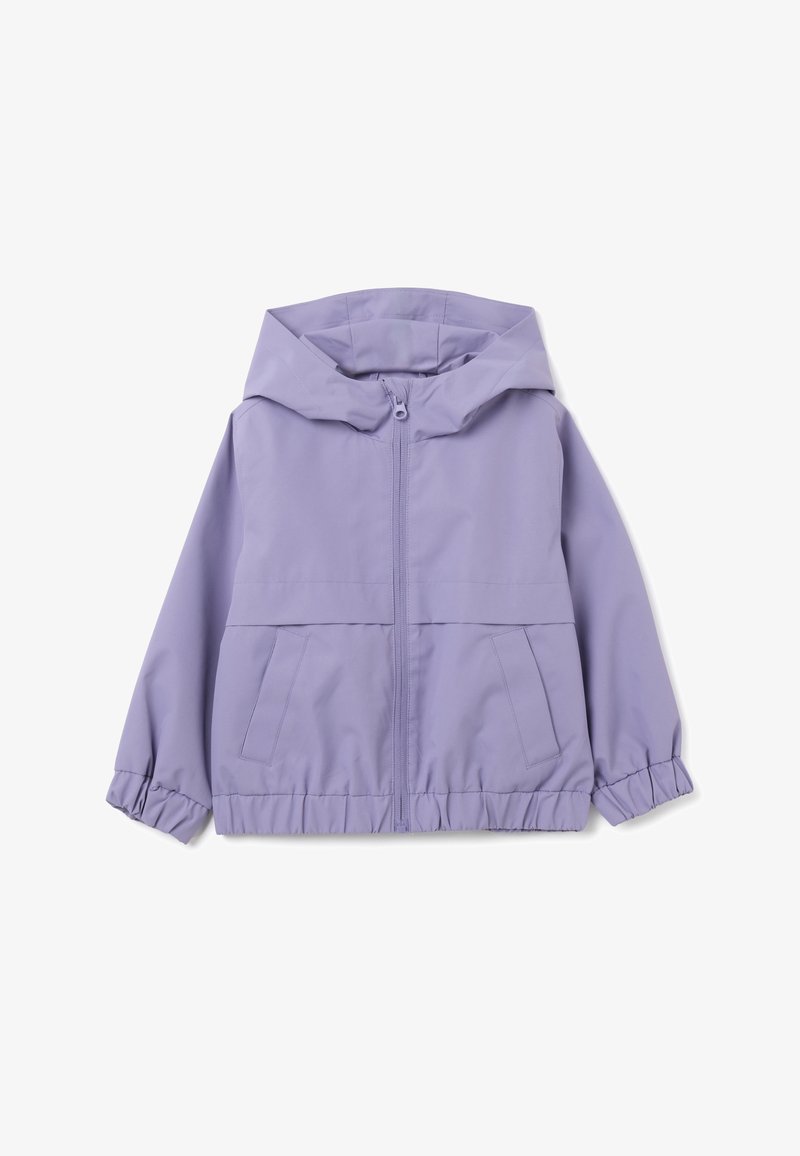 Lila leichte Jacke mit Kapuze, mit Reißverschluss vorne, elastischen Bündchen und zwei Seitentaschen. Glatte Textur und schlichtes Design.