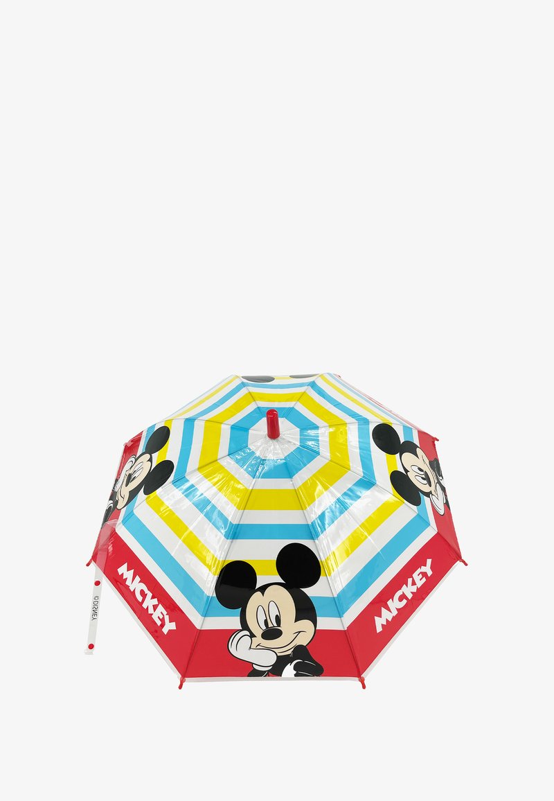 Mickey Mouse umbrella with an octagonal shape, featuring red, blue, and yellow stripes, and character graphics on panels, with a red handle.