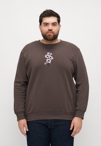 Brown sweatshirt with long sleeves, round neckline, featuring a pink floral embroidery at the center. Soft, textured fabric.