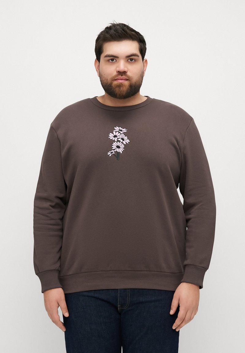 Brown sweatshirt with long sleeves, round neckline, featuring a pink floral embroidery at the center. Soft, textured fabric.