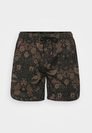 Zwarte zwembroek met een ingewikkeld bloemenpatroon in donkergroen en bruin, voorzien van een trekkoord in de taille en rode accenten.