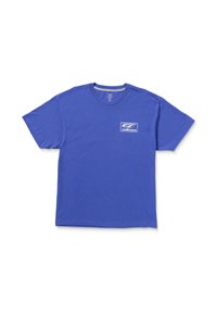 Blauw katoenen T-shirt met korte mouwen, voorzien van een wit logo op de linkerkant van de borst en een geribbelde ronde hals.