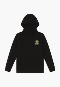 Sudadera con capucha negra con un bolsillo frontal tipo bolsa y un logo circular con detalles en amarillo en el pecho. Tejido suave, mangas largas.