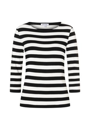 Schwarz-weiße langärmlige Bluse mit horizontalen Streifen, rundem Ausschnitt, taillierter Passform und abwechselnd dicken Streifen über den Körper und die Ärmel.