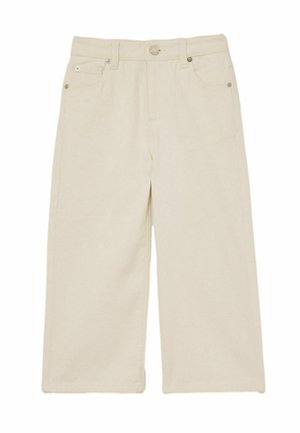 Pantaloni bej cu croială largă, realizați din bumbac, cu nasture și fermoar, două buzunare frontale și detalii subtile de cusături.
