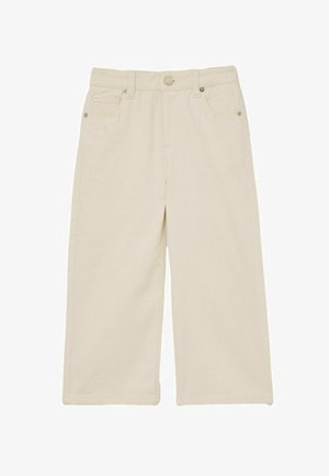 Beżowe spodnie o szerokich nogawkach wykonane z bawełny, zapinane na guzik i suwak, z dwoma przednimi kieszeniami oraz subtelnymi detalami przeszyć.