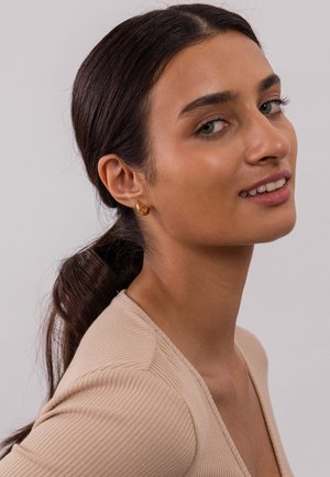 Gouden ringoorbellen gedragen door een model, met een gladde, glanzende oppervlakte. Het model heeft een medium bruine huid en lang, donker haar.