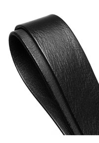 Black leather strap featuring a smooth texture and a flat, elongated design with slightly curved edges.