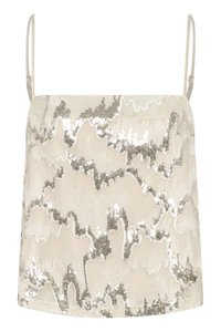 Sleeveless top with a cream base, featuring a wavy silver sequin pattern, smooth texture, and thin adjustable straps.