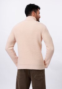 Lichtroze gebreide trui met een hoge kraag, een textuurpatroon, een relaxte pasvorm en geribbelde manchetten. Draag met bruine broeken, gezien van achteren.