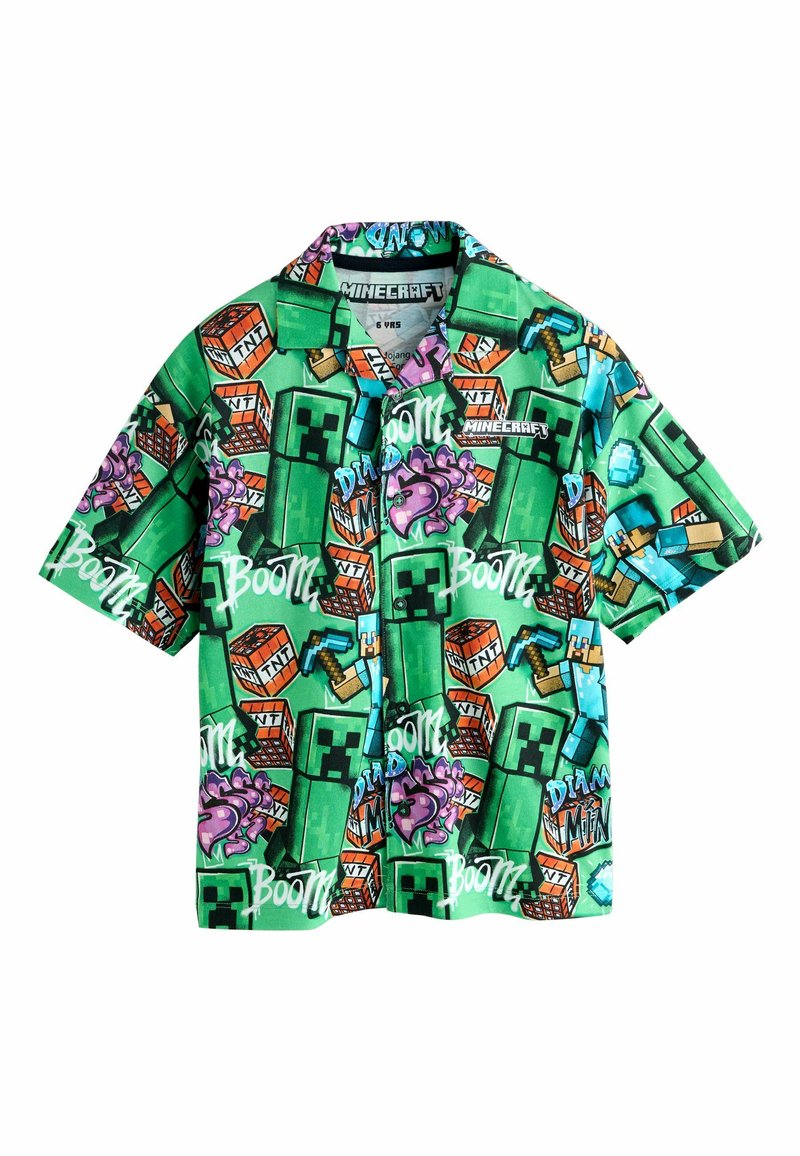 Lühikeste varrukatega särk, mis on valmistatud erksast rohelisest kangast, millel on Minecrafti teema muster, sealhulgas pikslilised tegelased, plokid ja tekstuurid.