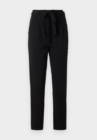 Black trousers with a tie belt, featuring pleats at the waist, tapered legs, and a smooth texture. Made from a lightweight fabric.
