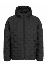 Schwarze Daunenjacke mit Kapuze, ausgestattet mit einem Reißverschluss vorne, elastischen Bündchen und einem strukturierten, gesteppten Design. Zwei seitliche Taschen sind enthalten.