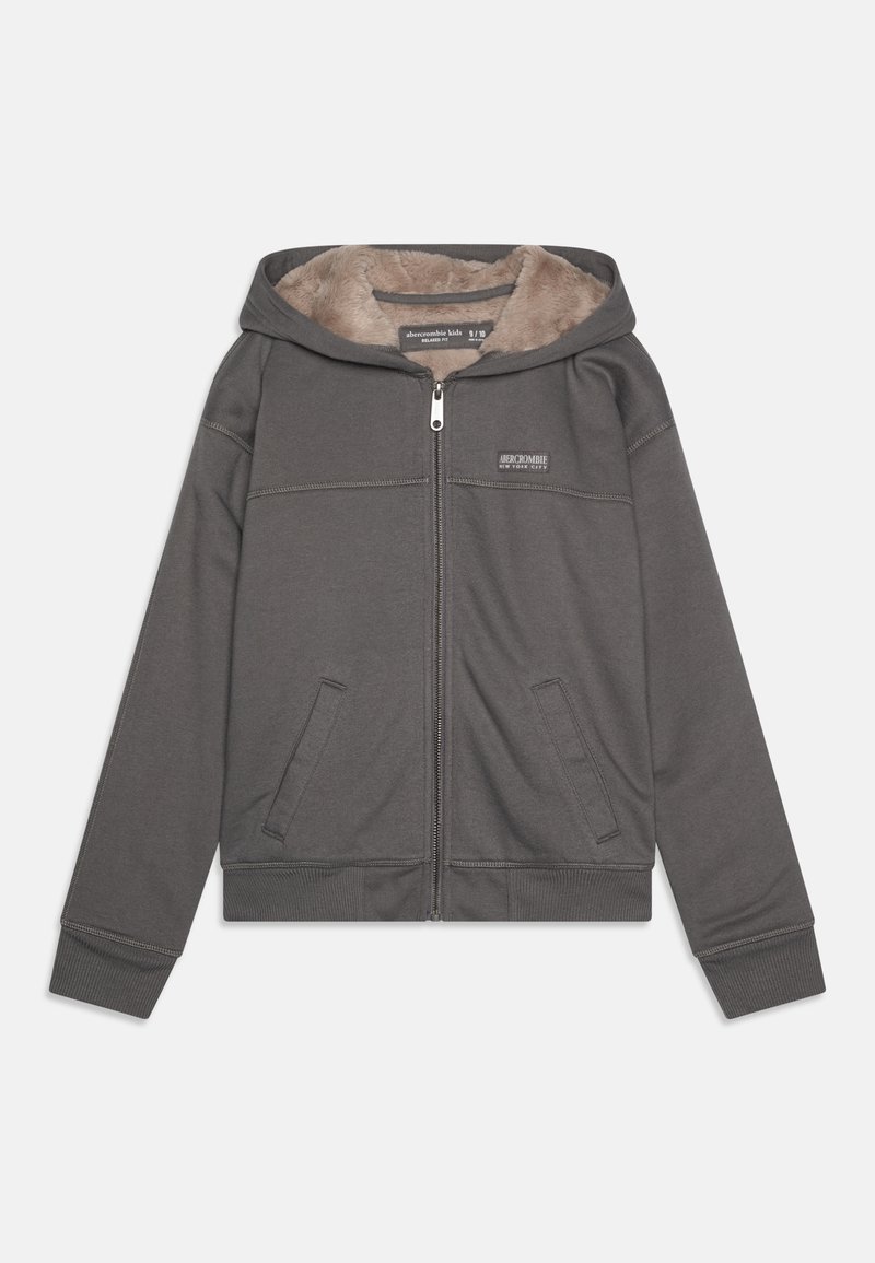 Gray zip-up hoodie with a faux fur lining, two front pockets, ribbed cuffs, and a small logo on the chest. Smooth fabric with a soft texture.