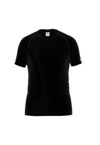 Black short-sleeve athletic shirt with a round neck. Made from smooth material with contrast stitching along the seams. Simple design.