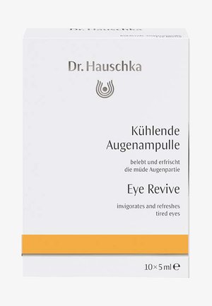 Boîte d'ampoules rafraîchissantes pour les yeux Dr. Hauschka Eye Revive avec texte en allemand et anglais, fond blanc et bande orange en bas.
