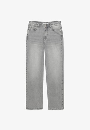 Szare dżinsy z denimu o wysokim stanie i szerokich nogawkach. Wyposażone w przednie kieszenie, zapięcie na guzik i zamek błyskawiczny oraz subtelne przetarcia nadające teksturę.