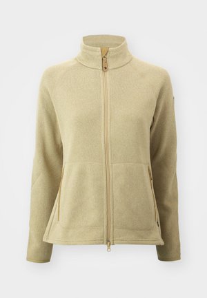 Fleece jack in licht beige met een hoge kraag, een rits aan de voorkant en twee zijzakken. Beschikt over een gestructureerde stof en contrasterende stiksels.
