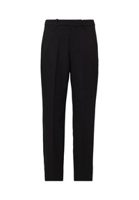 Zwarte op maat gemaakte broek met een rechte pijpdesign, gemaakt van geweven stof. Voorzien van een platte voorkant, riemlussen en strakke lijnen.