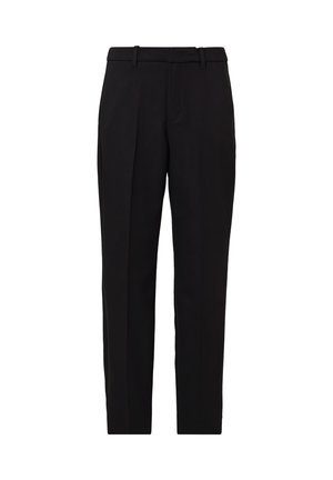 Schwarze maßgeschneiderte Hose mit geradem Bein, aus gewebtem Stoff. Mit flatem Bund, Gürtelschlaufen und klaren Linien.