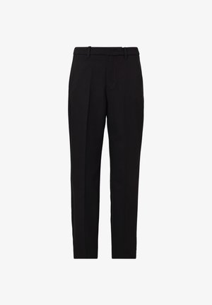 Pantaloni neri su misura con un design a gamba dritta, realizzati in tessuto a trama. Presentano un fronte piatto, passanti per cintura e linee pulite.