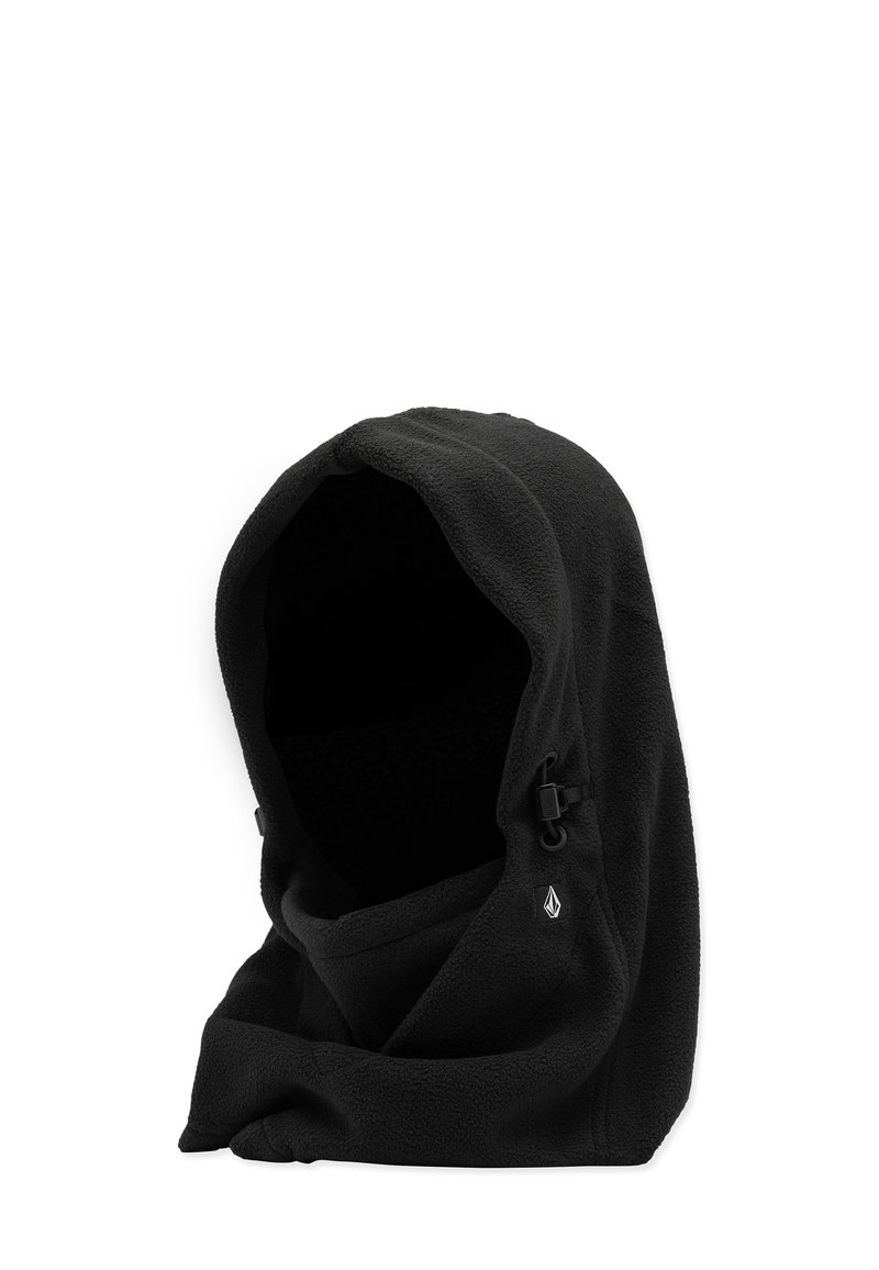 Musta fleece-huppu säädettävillä nyöreillä, pehmeä rakenne ja logokuvio. Suunniteltu kattamaan pää ja kaula täydellisesti.