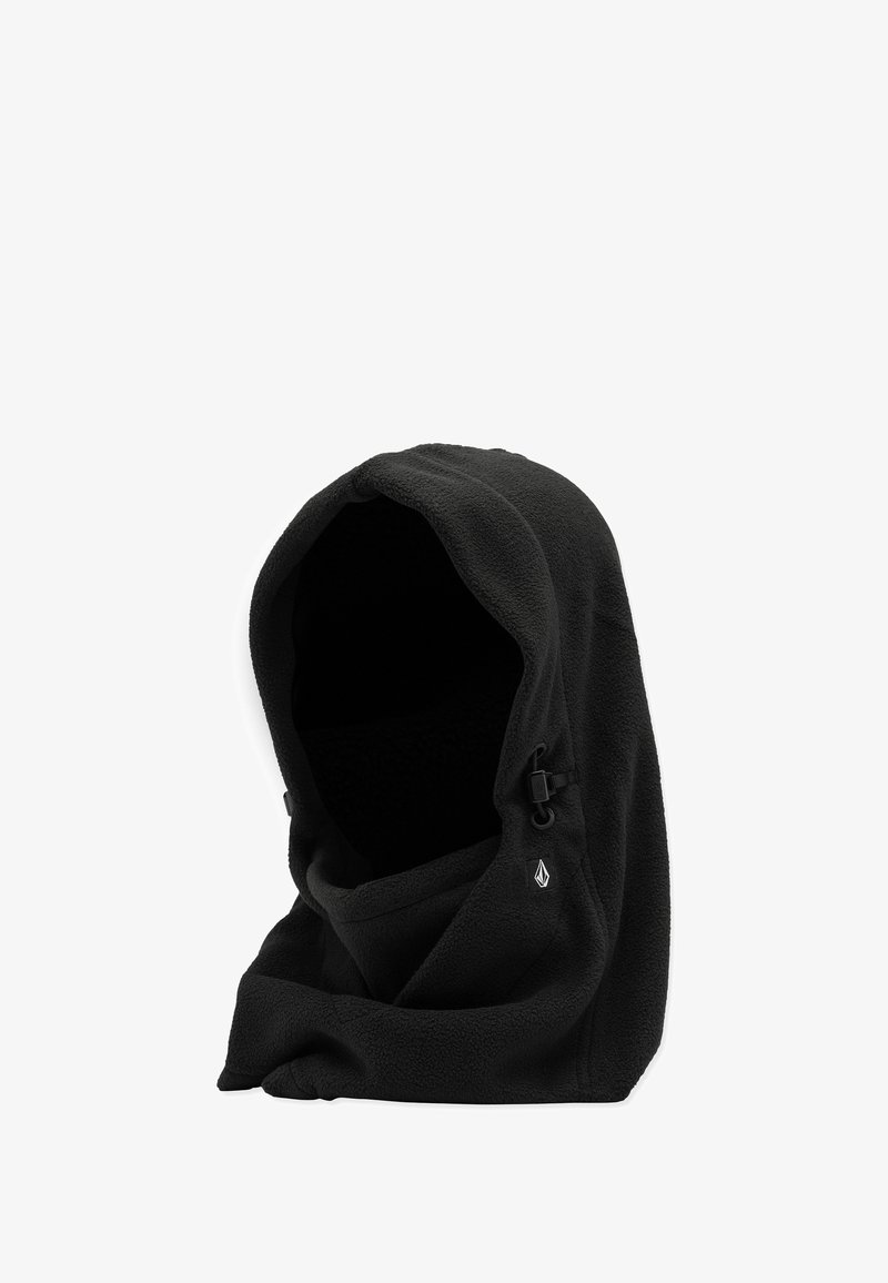 Capuche en polaire noire avec cordons réglables, texture douce et accent logo. Conçue pour couvrir entièrement la tête et le cou.