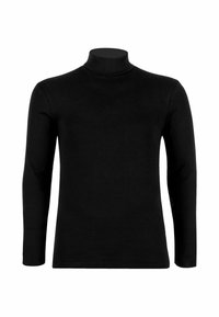 Top à col roulé noir à manches longues en tissu lisse et léger. Présente un design ajusté avec un col haut. Aucun motif ni ornement.