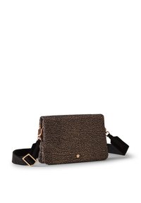 Borsa a tracolla nera e dorata con texture, di forma rettangolare, dotata di una tracolla nera e dettagli in oro.