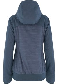 Marinblå jacka med huva, med ett randigt mönster på baksidan. Slät textur och elastisk midja. Långa ärmar med enfärgade accenter.