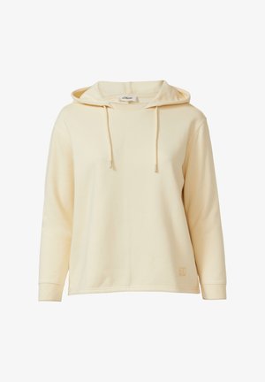 Cremefarbener Hoodie mit langen Ärmeln, Kordelzug vorn und kleinem Markenlogo nahe dem Saum auf der linken Seite.